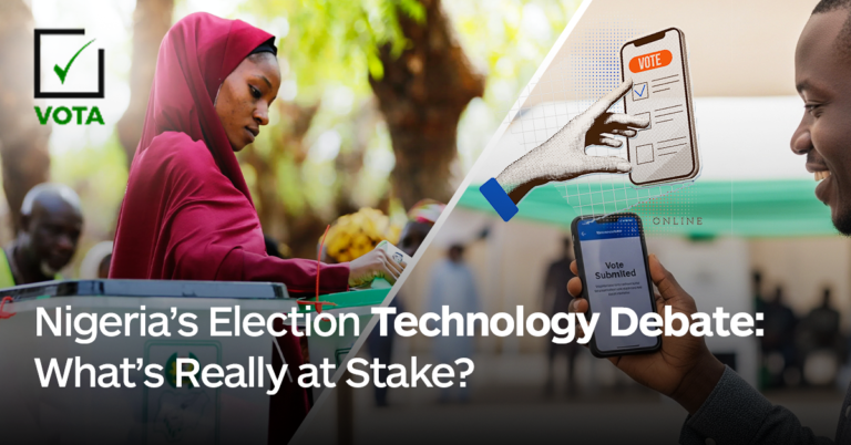 Nigerians using mobile devices to illustrate digital election technology and electronic result transmission in Nigeria